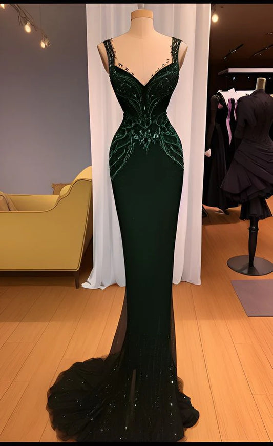 Robe de soirée longue à paillettes et bustier de style sirène vert foncé nv2046