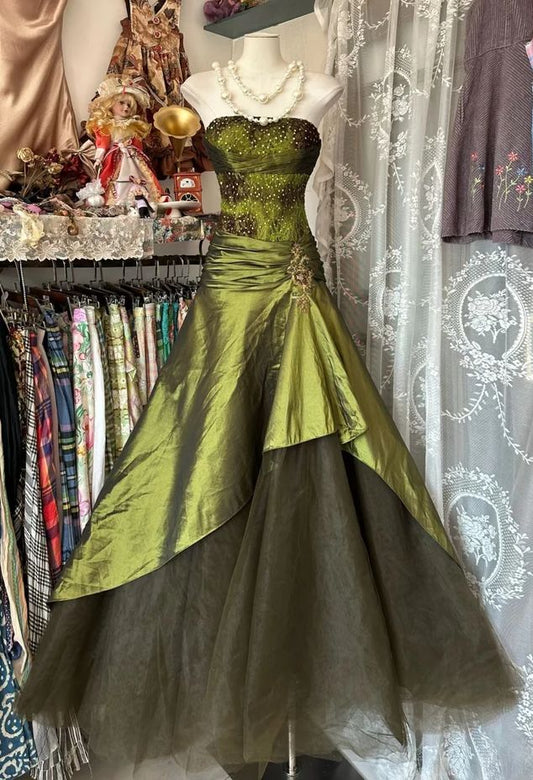 Robe de soirée sirène en satin vert olive, élégante et brillante, style vintage, en dentelle perlée, épaules dénudées, longue, en tulle, à paillettes, nv3820