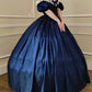 Blaues Taft Vintage A-Linie Spitzenkragen blaue Schleife elegantes langes Ballkleid Ballkleid Abendkleid nv2628