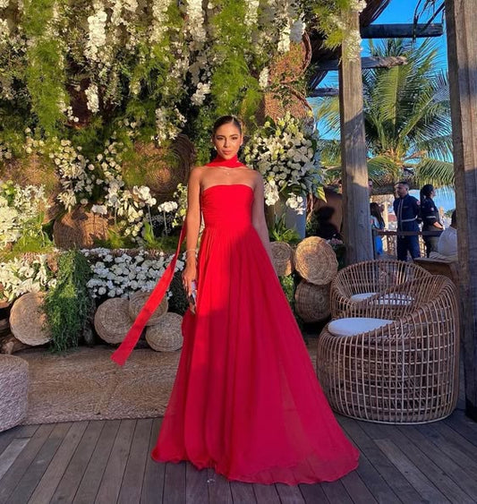 Red elegant off-shoulder long chiffon ball gown evening dress wedding guest dress nv2617