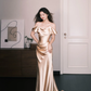 Off Shoulder Draped Satin Mermaid Evening Dress, Champagne Gold Formal Gown  NV7357