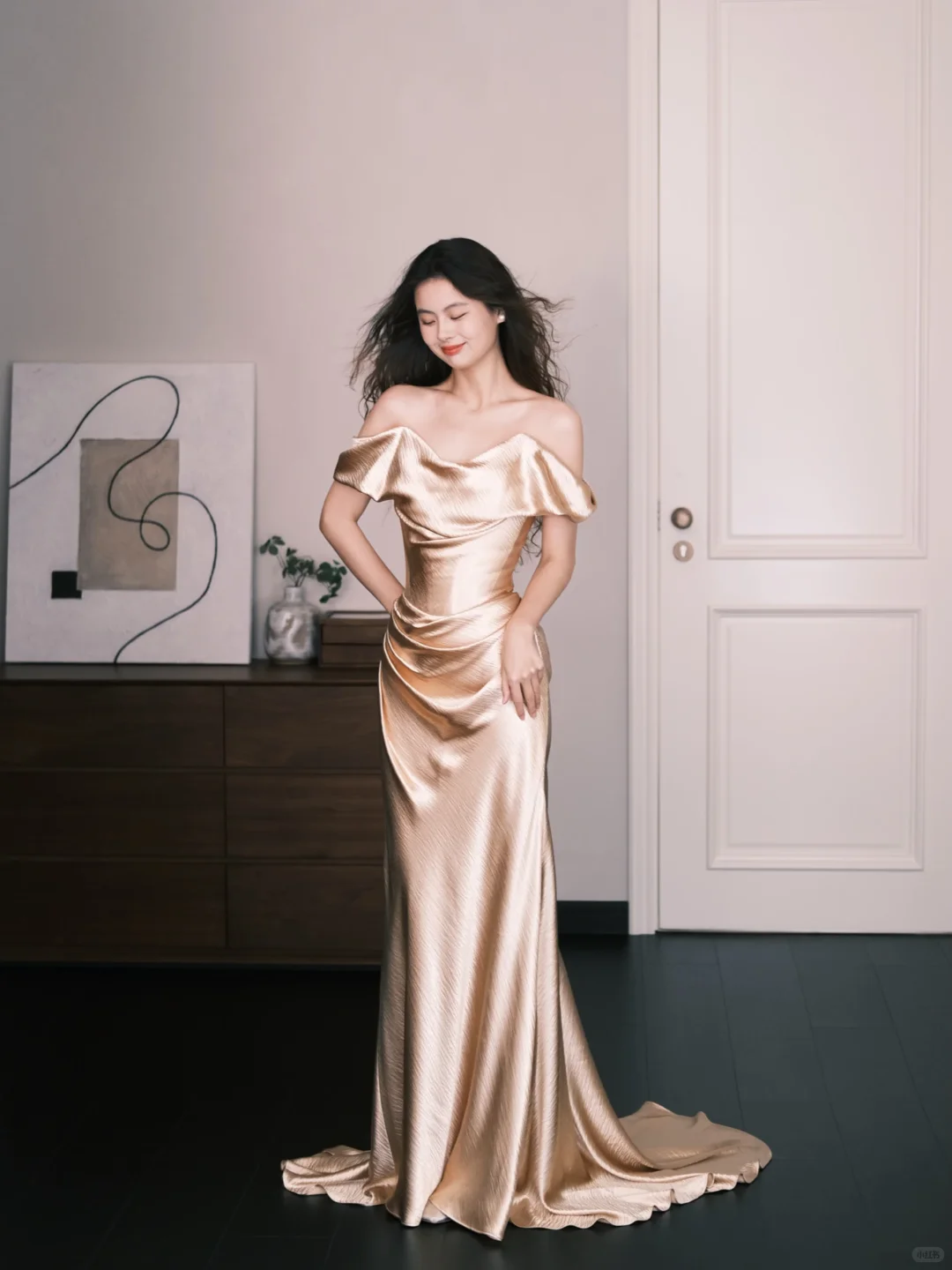 Off Shoulder Draped Satin Mermaid Evening Dress, Champagne Gold Formal Gown  NV7357