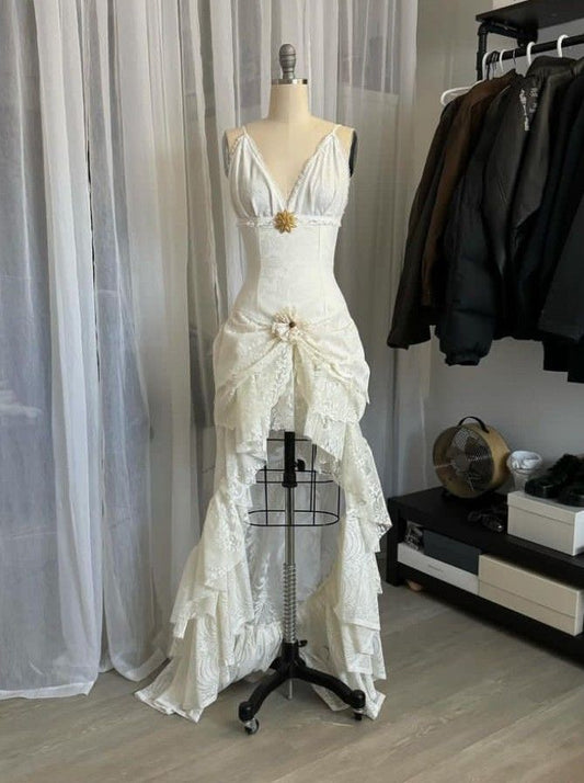Cream Brocade Spaghetti-Strap V-Neck Lace Asymmetrical Gown NV6250