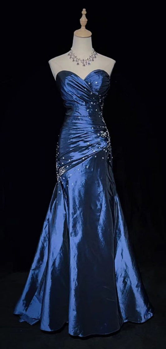 Navy Blue Gorgeous Vintage Exquisite Beading Long Sleeveless Mermaid Satin Long Ball Gown Evening Dress nv3572