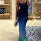 Blaues, schlichtes, elegantes Abendkleid mit langem Rock und Farbverlauf, nv2712
