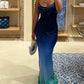 Blaues, schlichtes, elegantes Abendkleid mit langem Rock und Farbverlauf, nv2712
