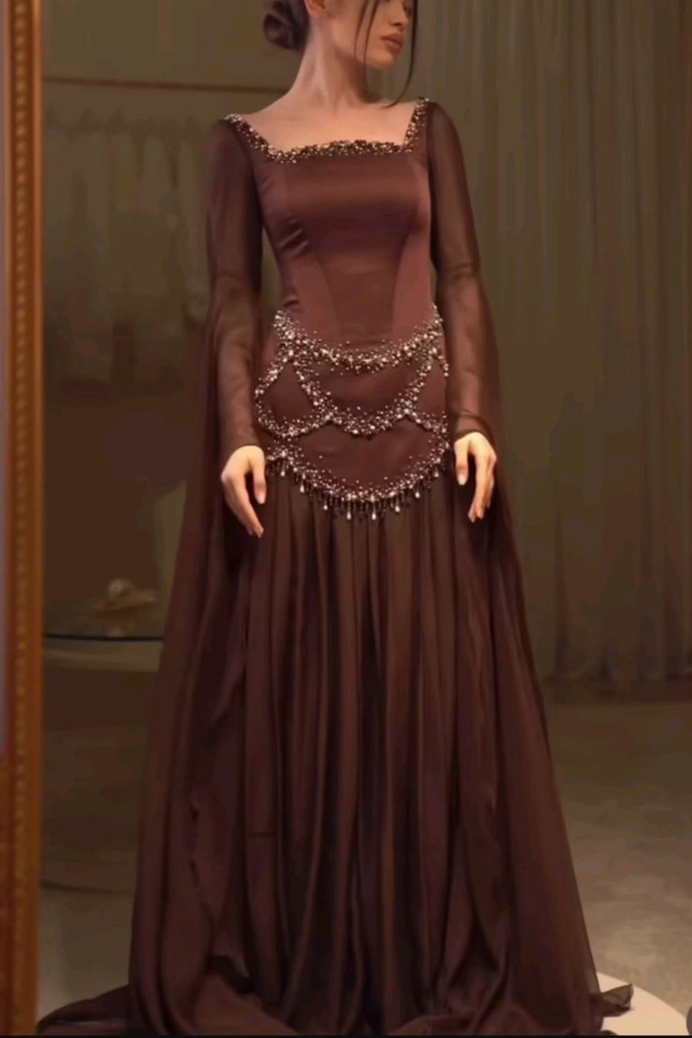 Retro Luxury Style Dark Brown Satin Beaded Square-Neck Long-Sleeve Gown - Elegant Dress for Dinner & Red Carpet NV6381