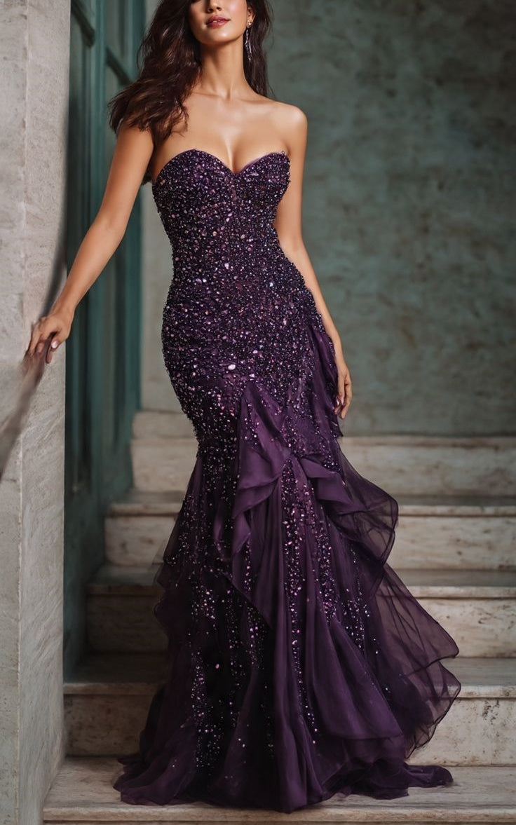 NiceVestidos-Purple Sequined Beaded Long Tulle Ball Gown NV6123