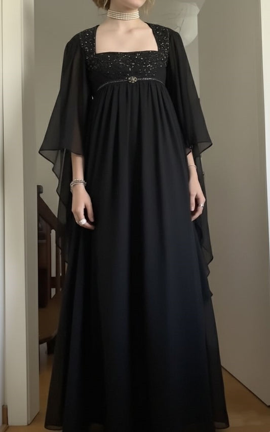 NiceVestidos – Retro-schwarzes langärmeliges Empire-Kleid mit hoher Taille, langes Chiffon-Ballkleid mit quadratischem Ausschnitt, NV5879