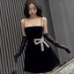 Black spaghetti straps stylish elegant cute rhinestone bow short mini homecoming dress holiday birthday party dress nv3133