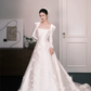 Square Neck Long Sleeve Satin A Line Wedding Gown with Floral Appliques  NV7346
