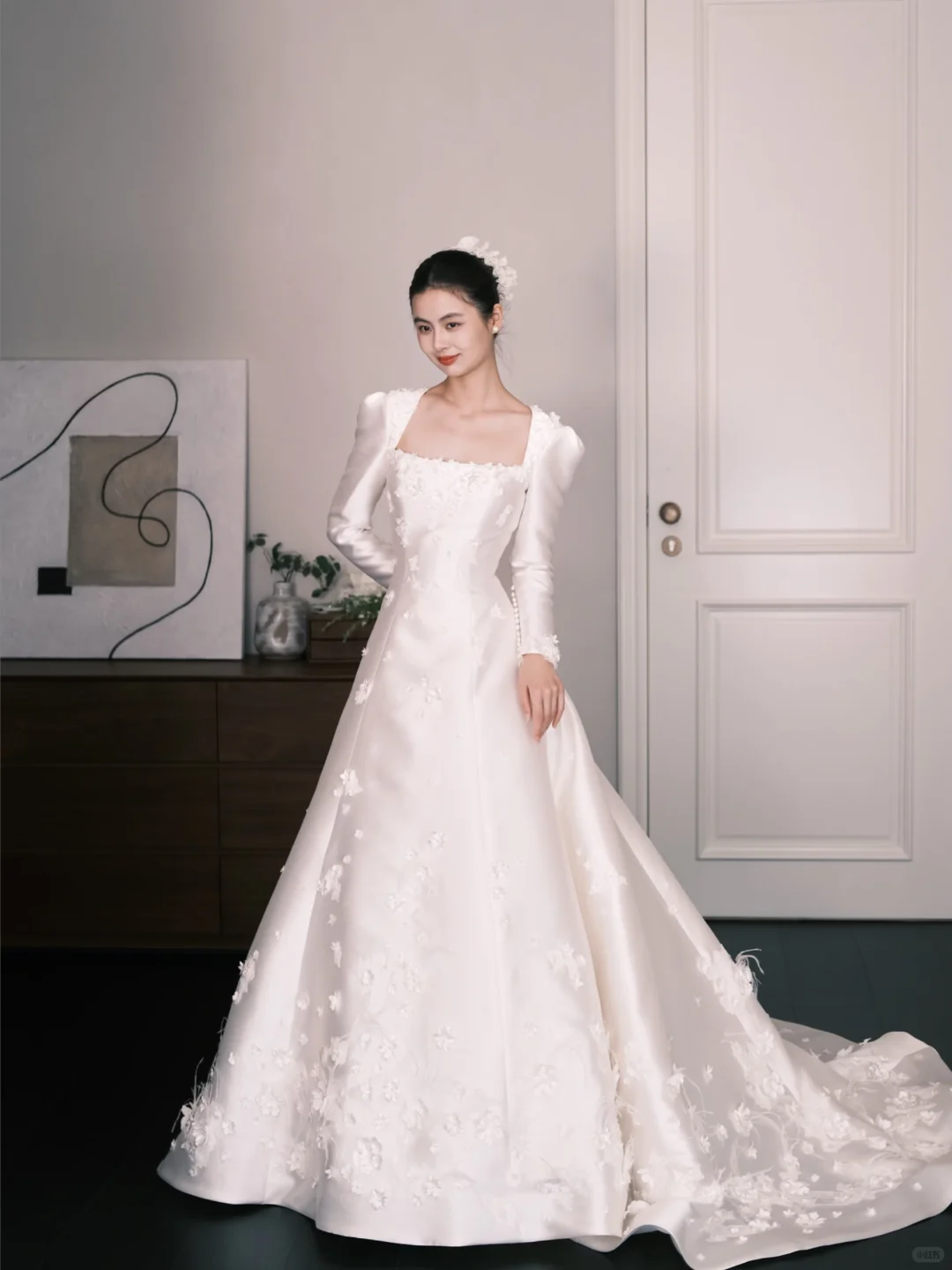 Square Neck Long Sleeve Satin A Line Wedding Gown with Floral Appliques  NV7346