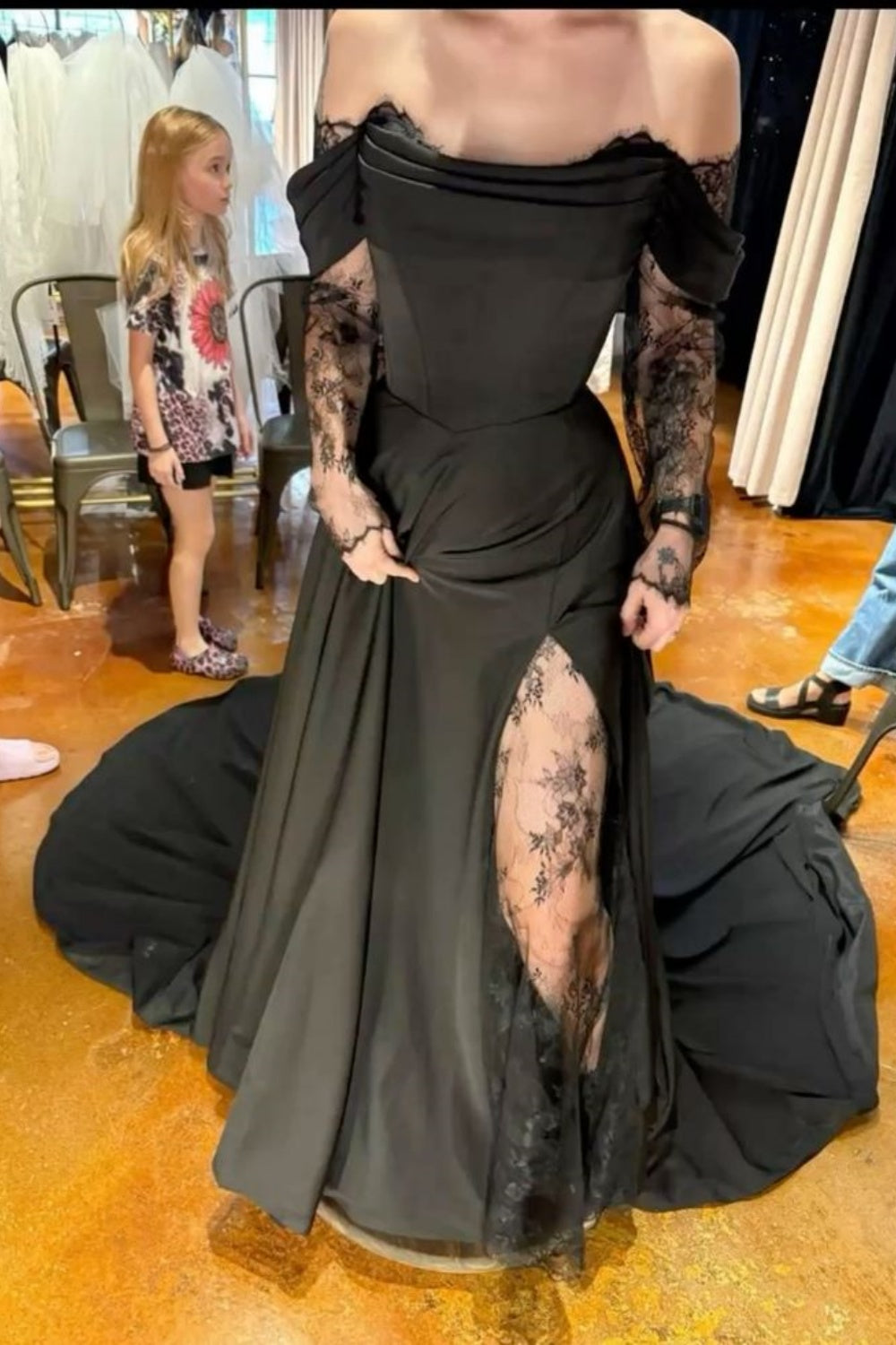 Dark Elegant Style Off-the-Shoulder Gown | Black Lace Sheer Slit Maxi Dress for Gala Retro Theme Party Luxury Social Event NV6279