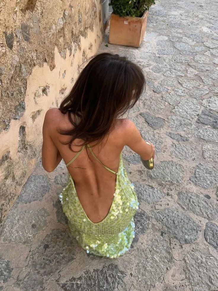 Limettengrünes rückenfreies Maxikleid mit Spaghettiträgern und Pailletten, sexy, elegantes langes Abendkleid, Partykleid, nv2692