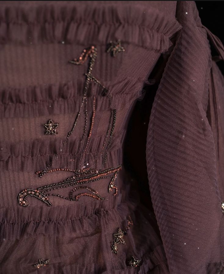 Dark Brown Tulle Strapless Beaded Tiered Train Starry-Sky Style Gown NV6229