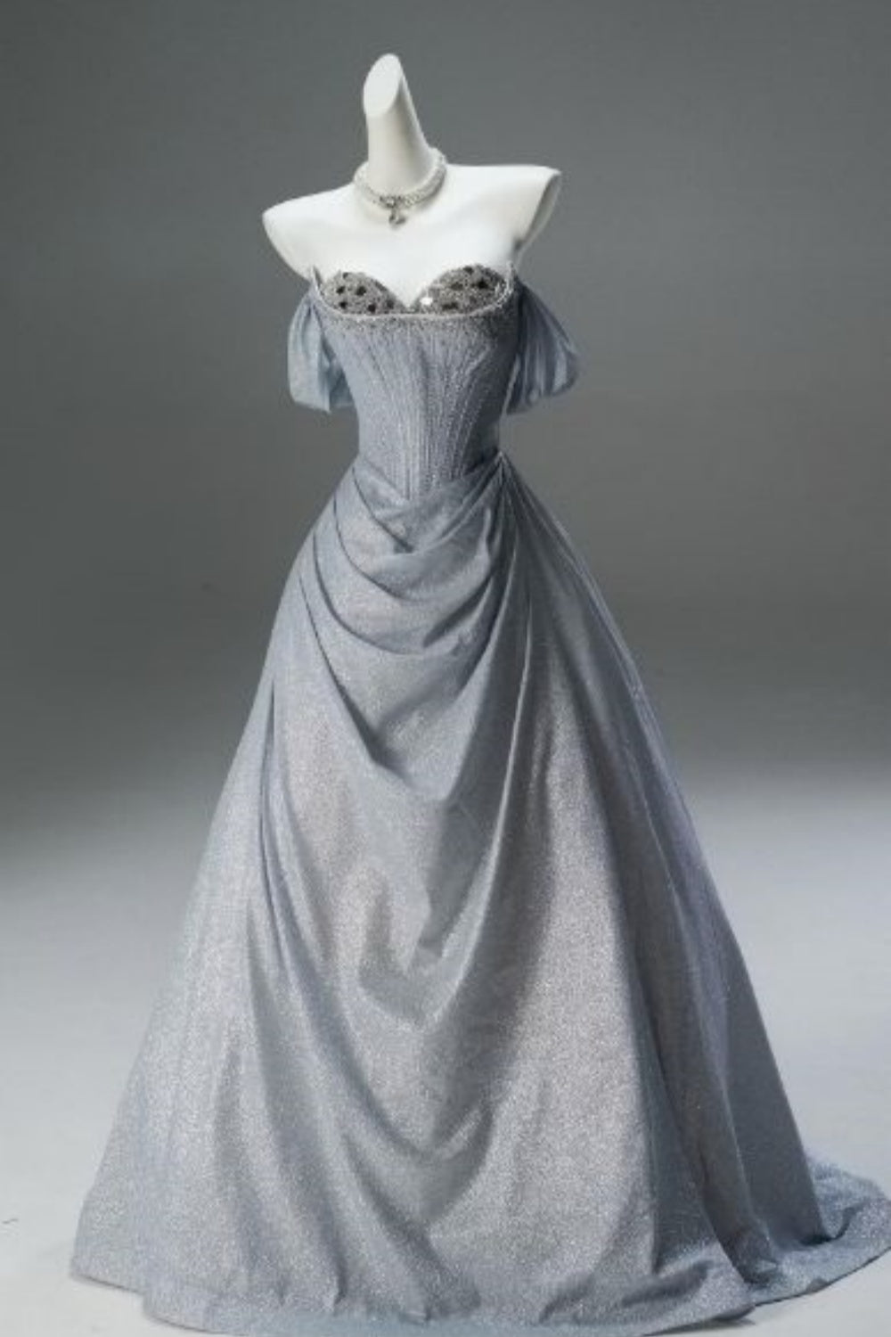 Luxury Shimmer Court Style Silver-Grey Glitter Satin Off-Shoulder Ballgown - Starlight Theme Dinner & Ball Dress NV6387