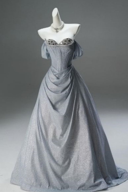 Luxury Shimmer Court Style Silver-Grey Glitter Satin Off-Shoulder Ballgown - Starlight Theme Dinner & Ball Dress NV6387