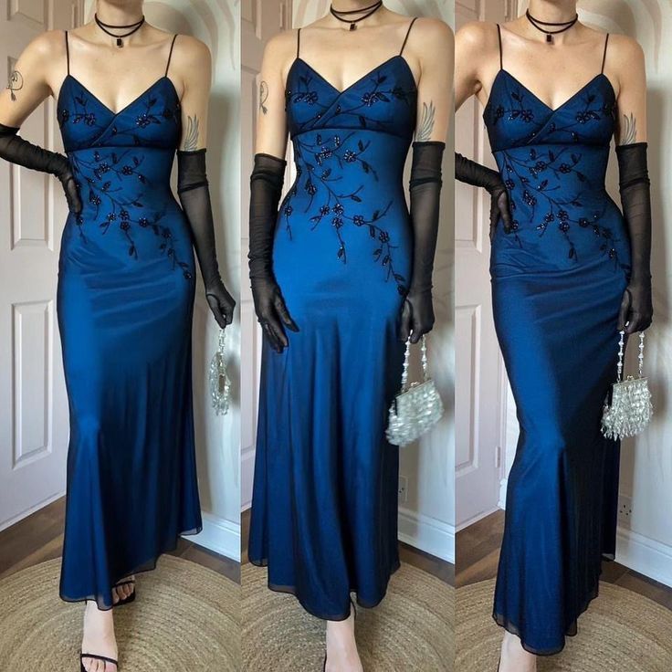 NiceVestidos – Elegantes Vintage-Abendkleid im tiefseeblauen Satin mit bestickten Spaghettiträgern, bodenlang, NV5803