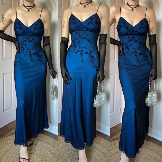 NiceVestidos--Vintage Elegant Style Deep Sea Blue Satin Embroidered Spaghetti Strap Floor-Length Evening Dress NV5803