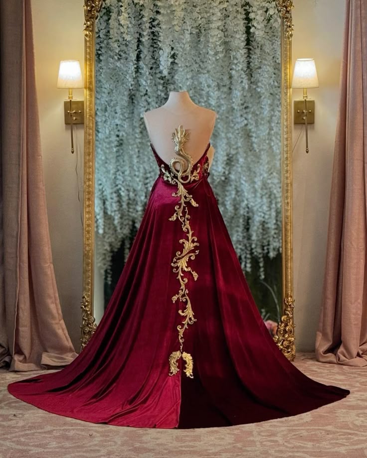 Burgundy Vintage Velvet Long Ball Gown Evening Dress Party Dress nv4848