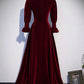 Burgundy Velvet A-line Long Sleeve Evening Gown Ball Gown nv2183