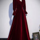 Burgundy Velvet A-line Long Sleeve Evening Gown Ball Gown nv2183