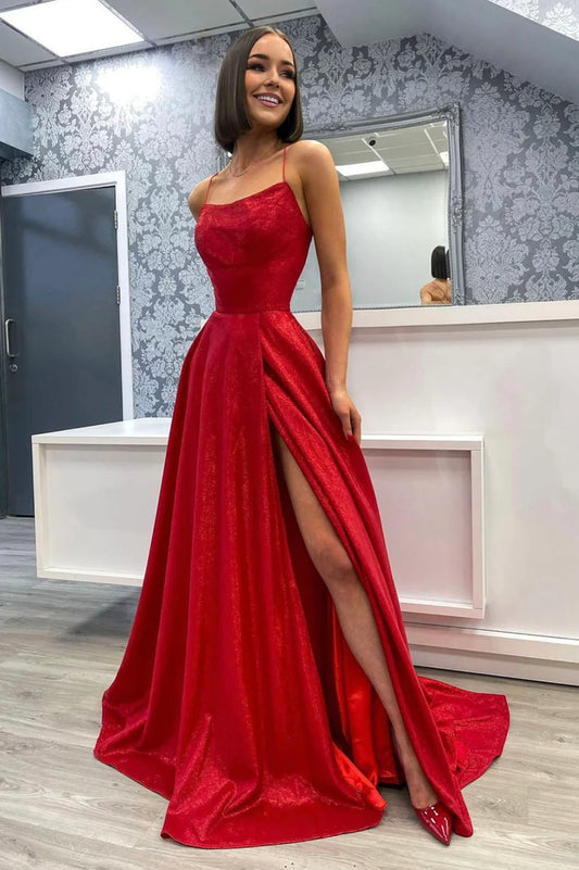 Robe de bal longue en satin rouge, robe de soirée dos nu rouge avec fente nv1563