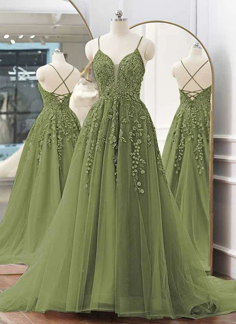 Robe de bal trapèze à bretelles spaghetti et traîne, robe de soirée en tulle vert sauge nv1580