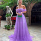 Robe de soirée longue violette en tulle à épaules dénudées et coupe trapèze nv2202