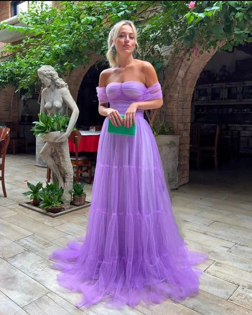 Robe de soirée longue violette en tulle à épaules dénudées et coupe trapèze nv2202