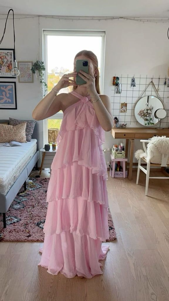 Pink Fashion Sweet Cute Long Tiered Ruffle Chiffon Floor Length Ball Gown Evening Dress Party Dress Prom Dress 22nd Birthday Suit nv3904