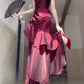 Burgundy Shiny Fashion Spaghetti Strap Long satin Ball Gown Evening Dress Party Dress nv3580