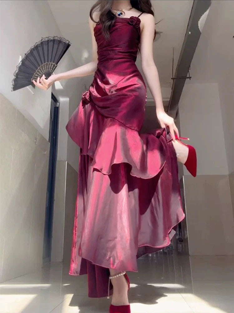 Burgundy Shiny Fashion Spaghetti Strap Long satin Ball Gown Evening Dress Party Dress nv3580