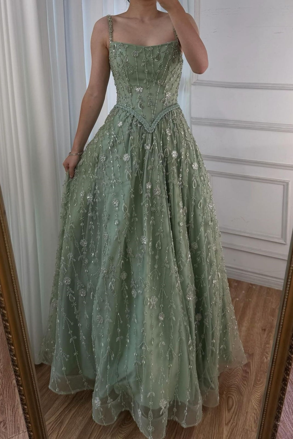 NiceVestidos--Green exquisite floral beaded sequined sparkling long prom dress ball gown NV5840