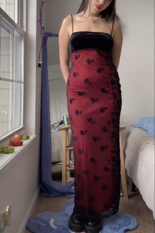 NiceVestidos--Gothic Fairy Style Velvet & Rose - Print Tulle Spaghetti Strap Floor - Length Formal Dress NV5798