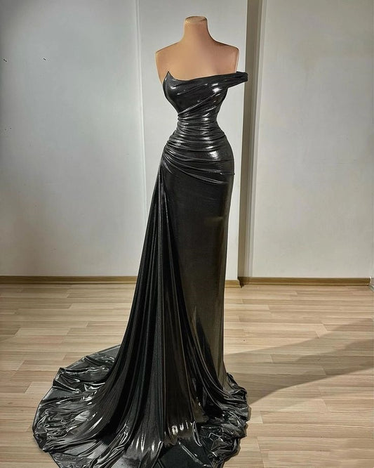 NiceVestidos-Black Shimmer Satin One-Shoulder Slim-Fit Train Floor-Length Gown NV6220