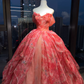 Off Shoulder Orange Red Floral Print Tulle Prom Dress Sweetheart Ruched Layered Ball Gown  NV6990