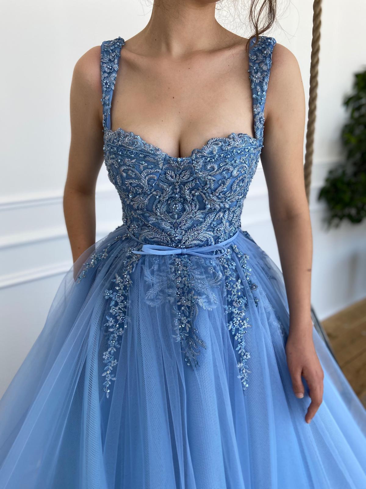 Exquisite 3D Flowers Beads Blue Long Prom Dresses Sweetheart Tulle Bow Sash Floor Length Evening Gowns  nv1641