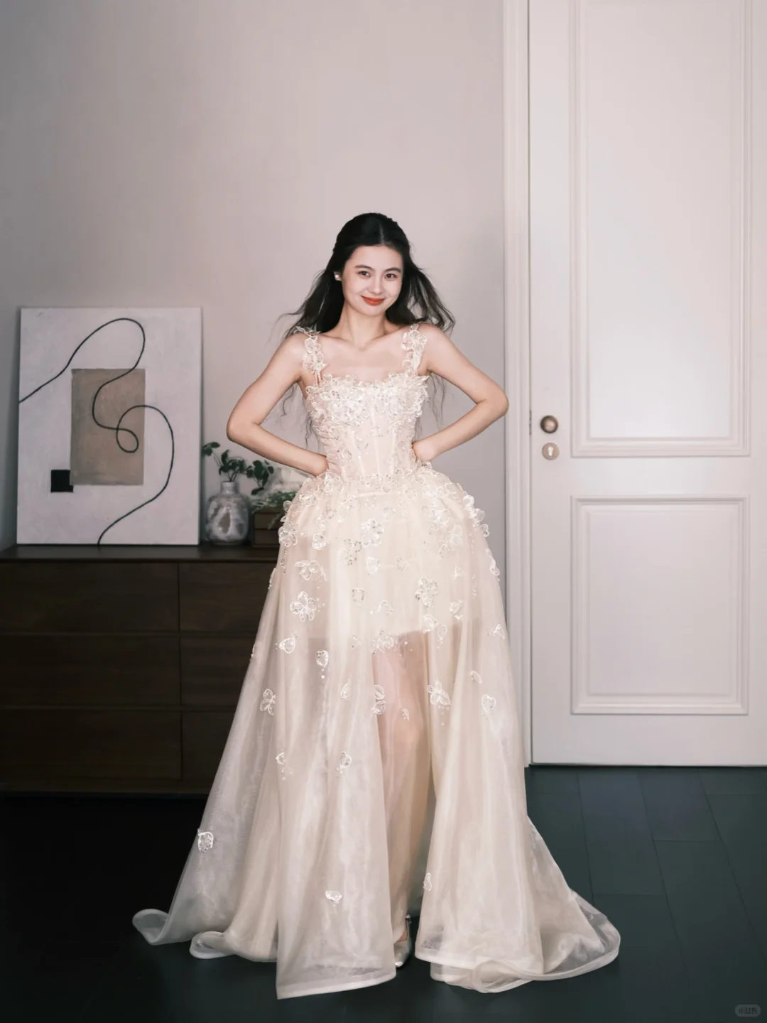 Spaghetti Strap 3D Flower Sheer Tulle Prom Dress, Square Neck Formal Gown  NV7337