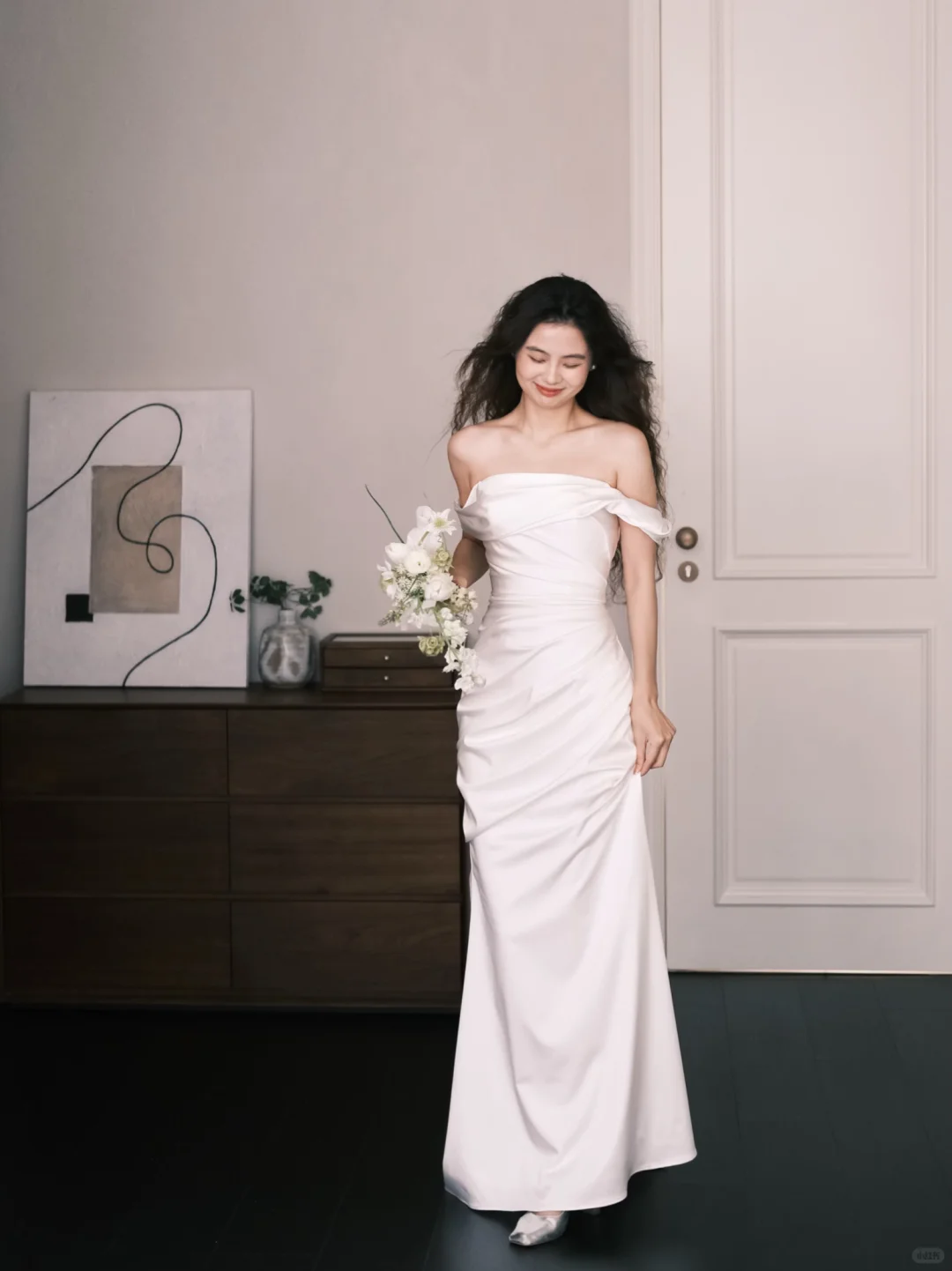 Off Shoulder Foldover Satin Mermaid Bridal Gown with Side Ruching  NV7367
