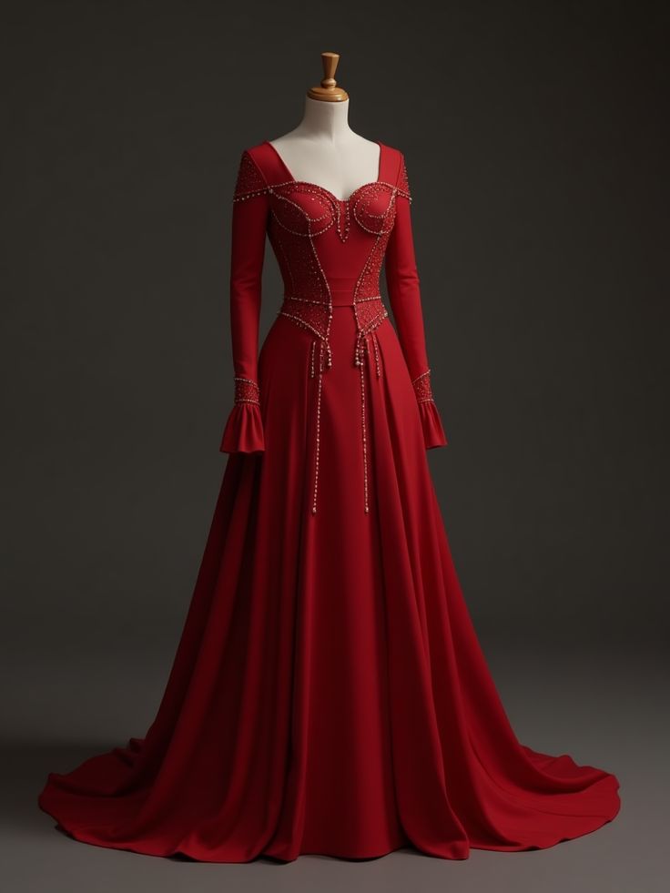 Robe de soirée vintage en satin bordeaux, micro-évasée, manches longues, ornée de strass, traîne de cour NV6254