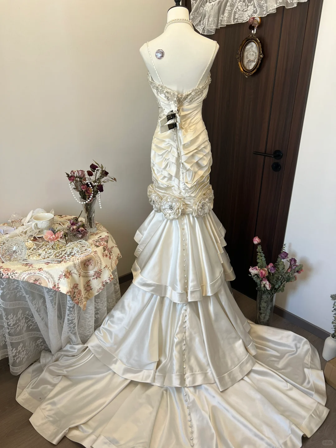 Ivory White Floral Beaded Long Satin Ball Gown Evening Gown Wedding Dress nv4216