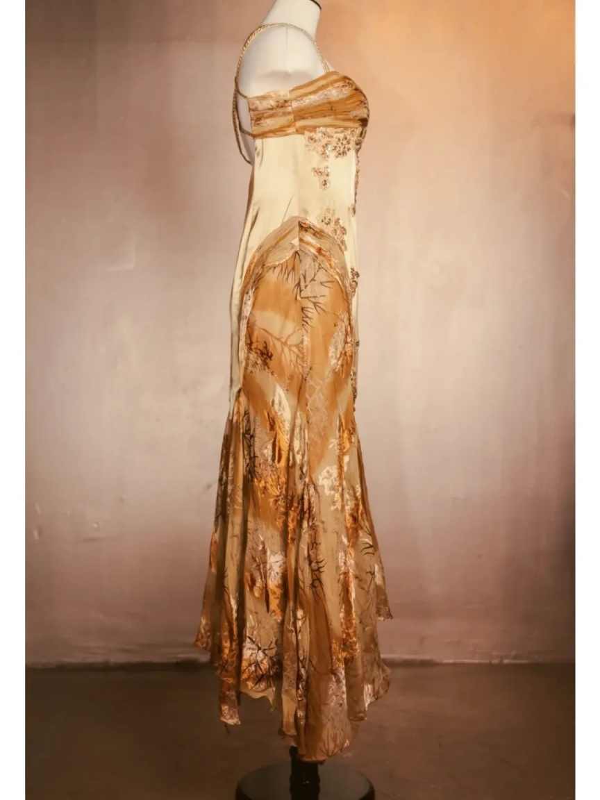 Gold Floral Elegant Long Satin Prom  Dress Evening Dress Party Dress nv4696