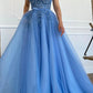 Exquisite 3D Flowers Beads Blue Long Prom Dresses Sweetheart Tulle Bow Sash Floor Length Evening Gowns  nv1641