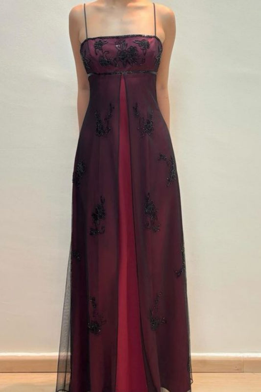 NiceVestidos--Vintage Elegant Style Burgundy Gradient Tulle Black Beaded Embroidery Spaghetti Strap Floor-Length Evening Dress NV5806