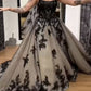 Dark Lace Gray-Black Gradient Gown | Glitter Tulle Train Strapless/Spaghetti Strap Evening Party Showstopper Dress NV6323