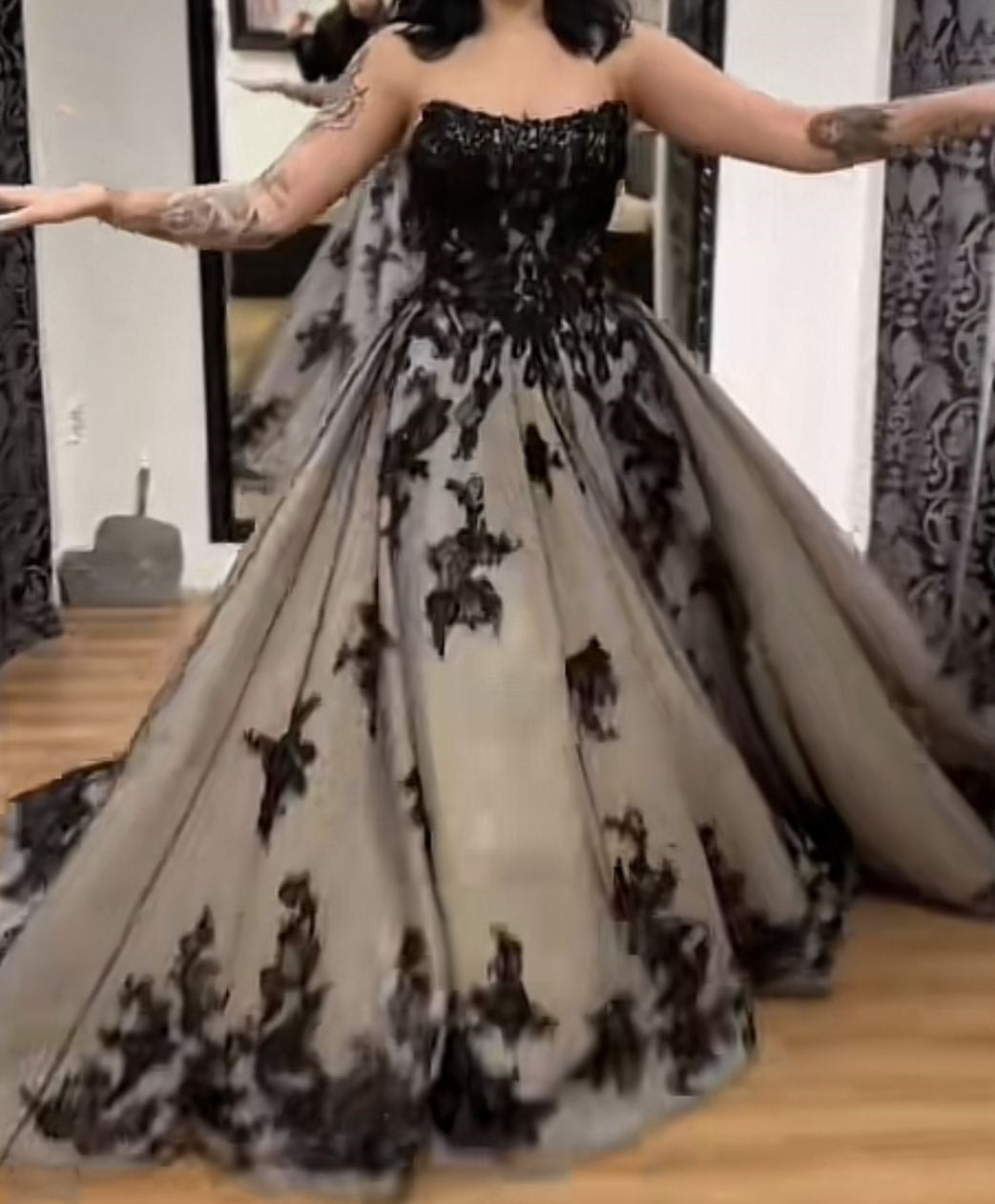 Dark Lace Gray-Black Gradient Gown | Glitter Tulle Train Strapless/Spaghetti Strap Evening Party Showstopper Dress NV6323