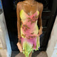 Rosa-grünes langes Ballkleid mit Spaghettiträgern und Perlenquasten nv2905