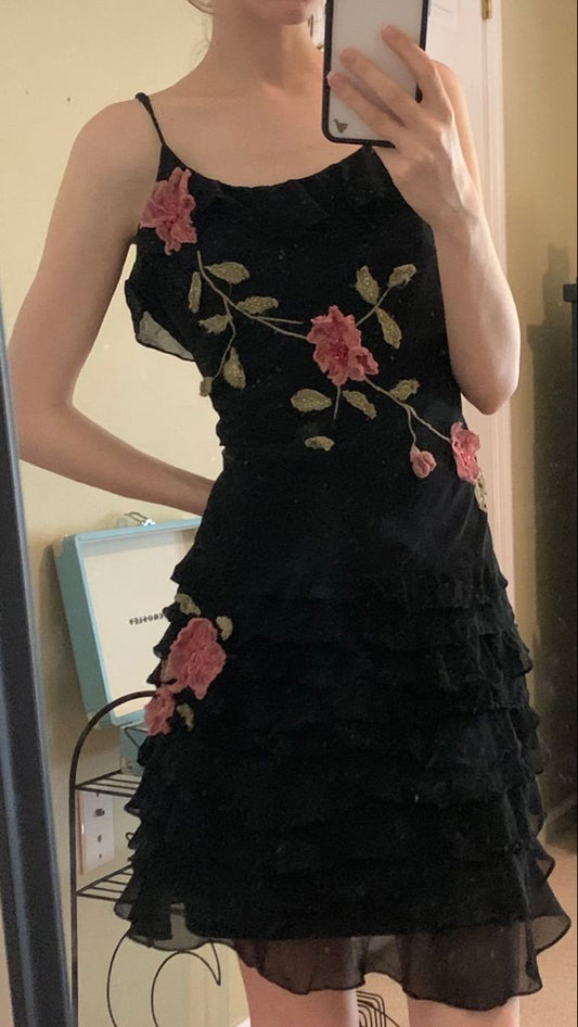 NiceVestidos – Schwarzes, rosa geblümtes, kurzes Chiffon-Feenkleid für den Heimkehrbereich, NV5723