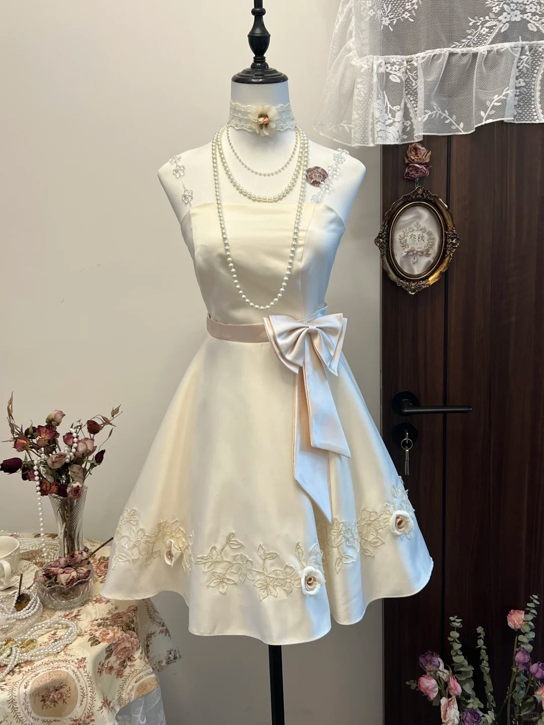 White floral homecoming dress short satin party dress sweet date dress birthday dress nv4261